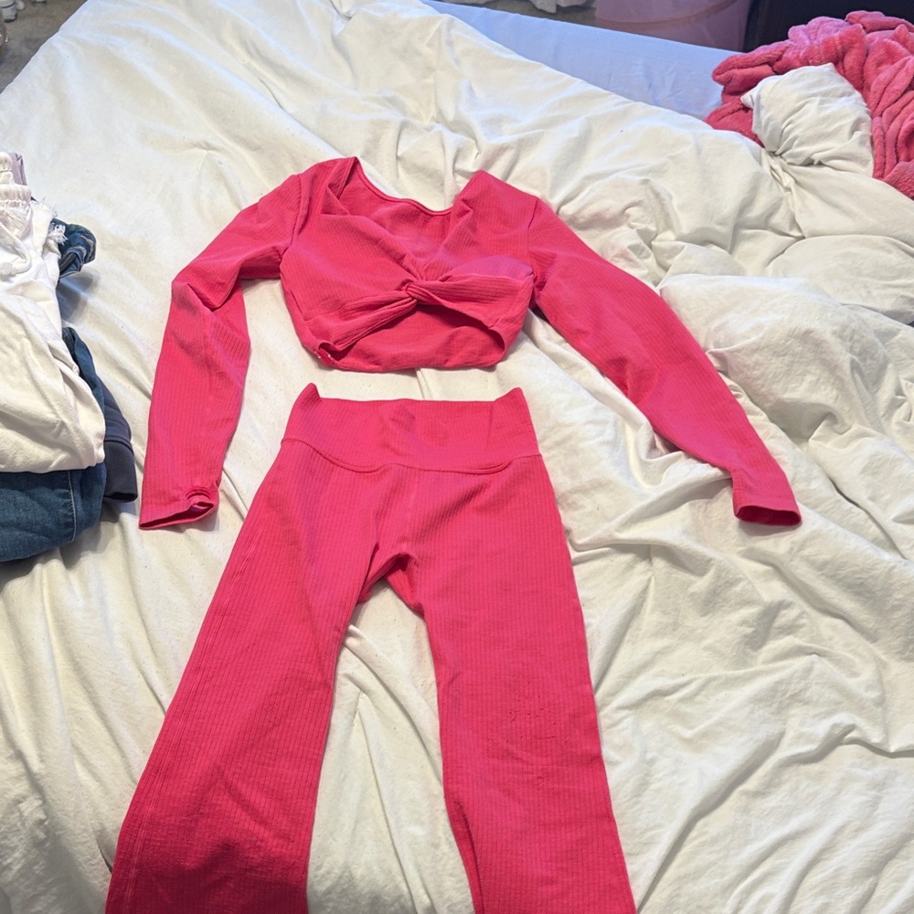 Pink Long Sleeve Crop Top and Flare Leggings Set
